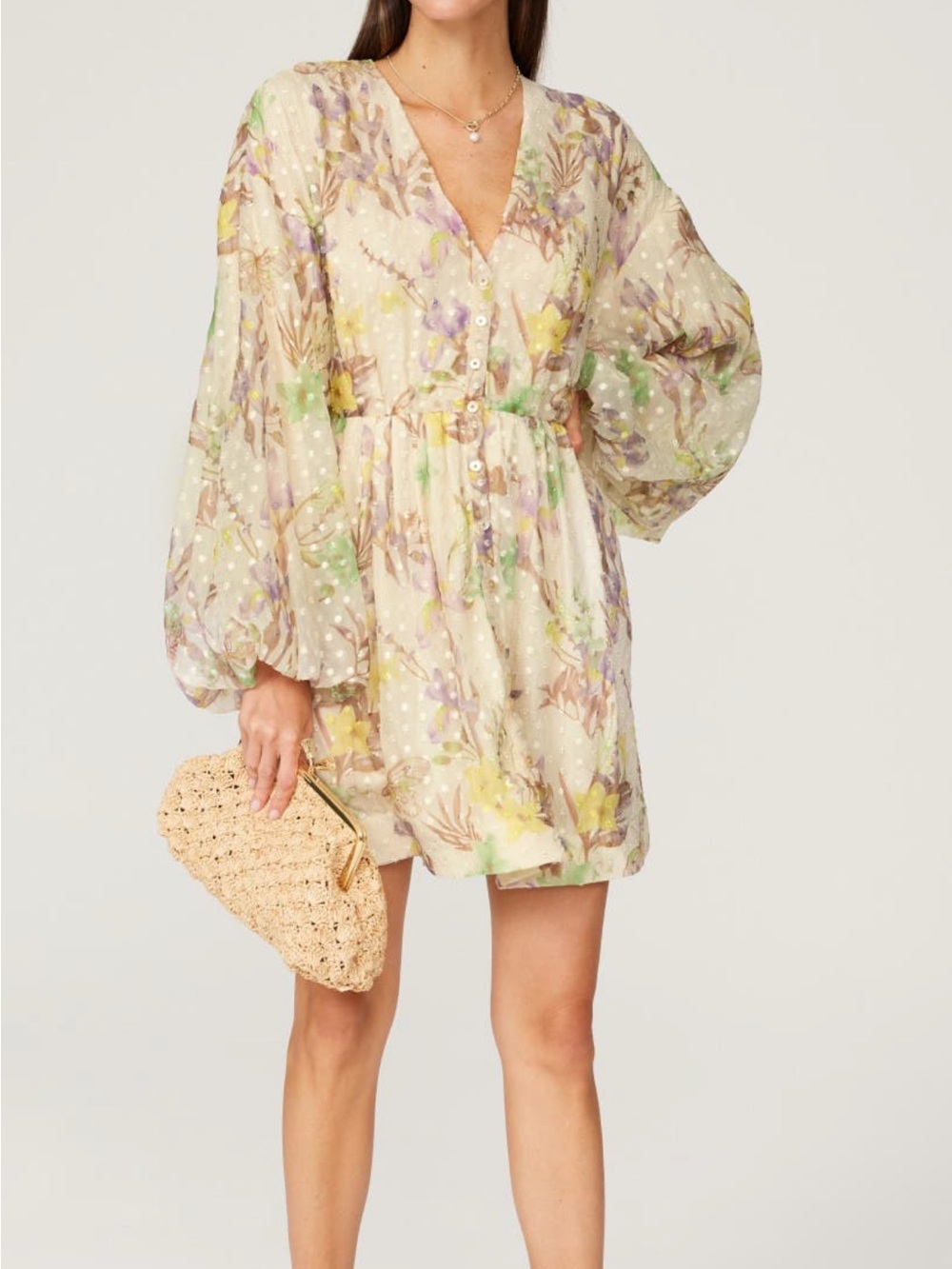 Alexis Cream Floral Dot V-Neck Mini Dress